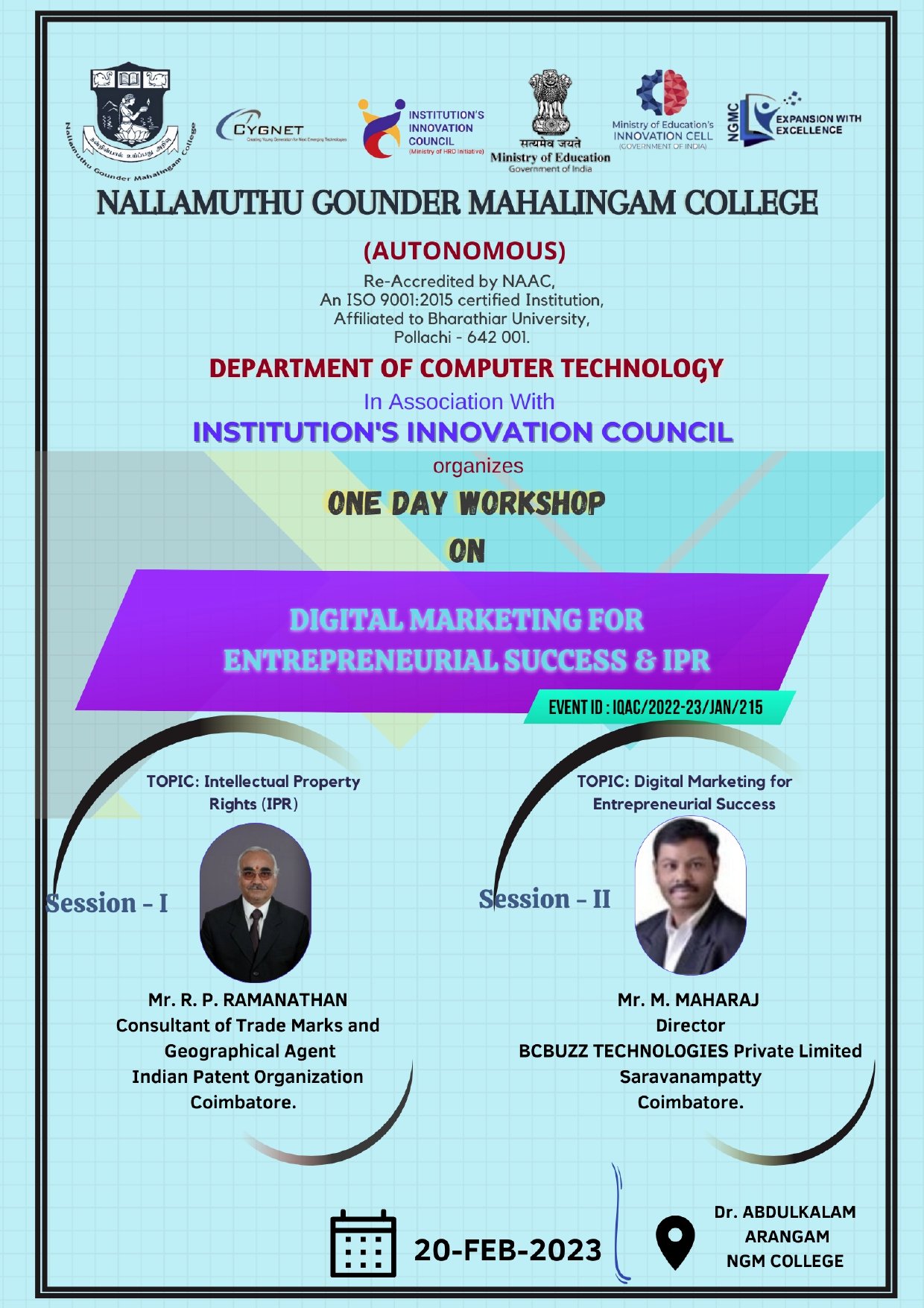 B.Sc., CT - One Day Workshop on
“DIGITAL MARKETING FOR ENTREPRENEURIAL SUCCESS AND IPR
