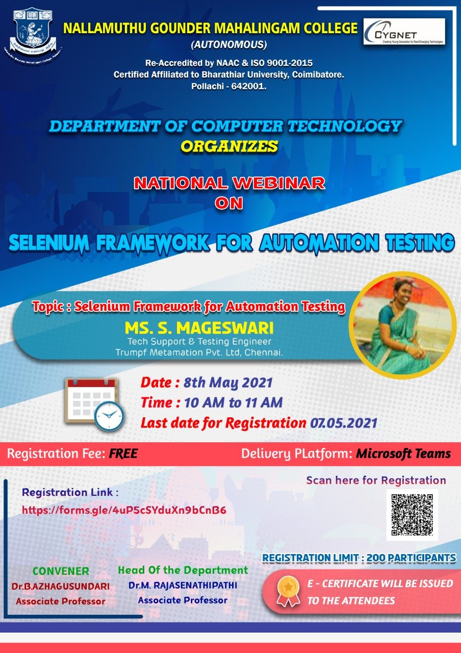 Department of Computer Technology organizes a One Day National Level Webinar on “SELENIUM FRAMEWORK FOR AUTOMATION TESTING” 