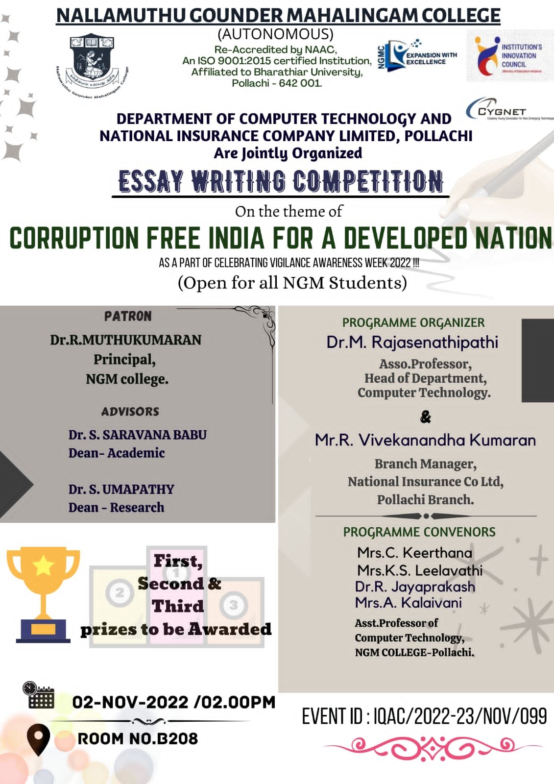 B.Sc., CT – Essay Writing Competition on  Corruption Free India For A Developed Nation