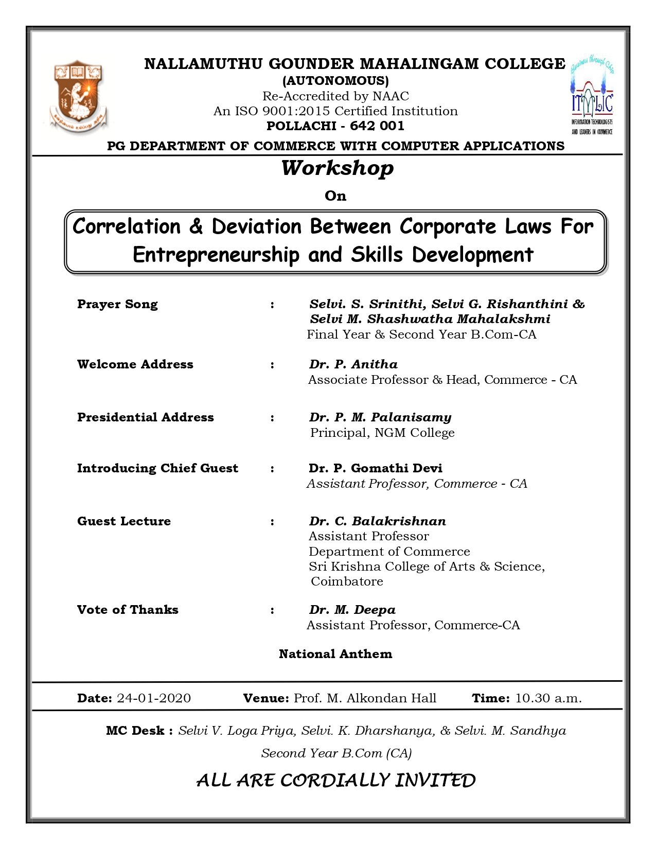 Workshop on Correlation & Deviation Between Corporate Laws For Entrepreneurship and Skills Development 2020