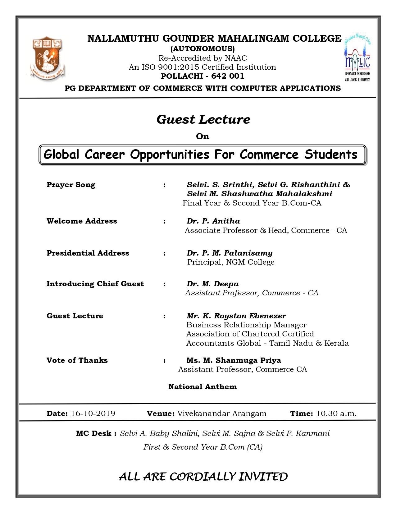 Guest Lecture on Global Career Opportunities For Commerce Students 2019