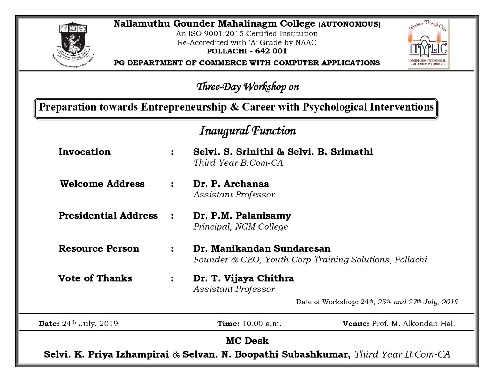 Three days Workshop on “Preparation towards Entrepreneurship & Career with Psychological Interventions” 2019