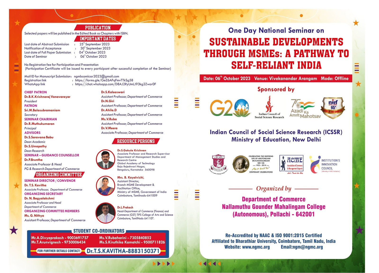 B.Com SF-One day ICSSR Sponsored National Seminar on “Sustainable Developments Through MSMEs: A Pathway to Self-Reliant India”