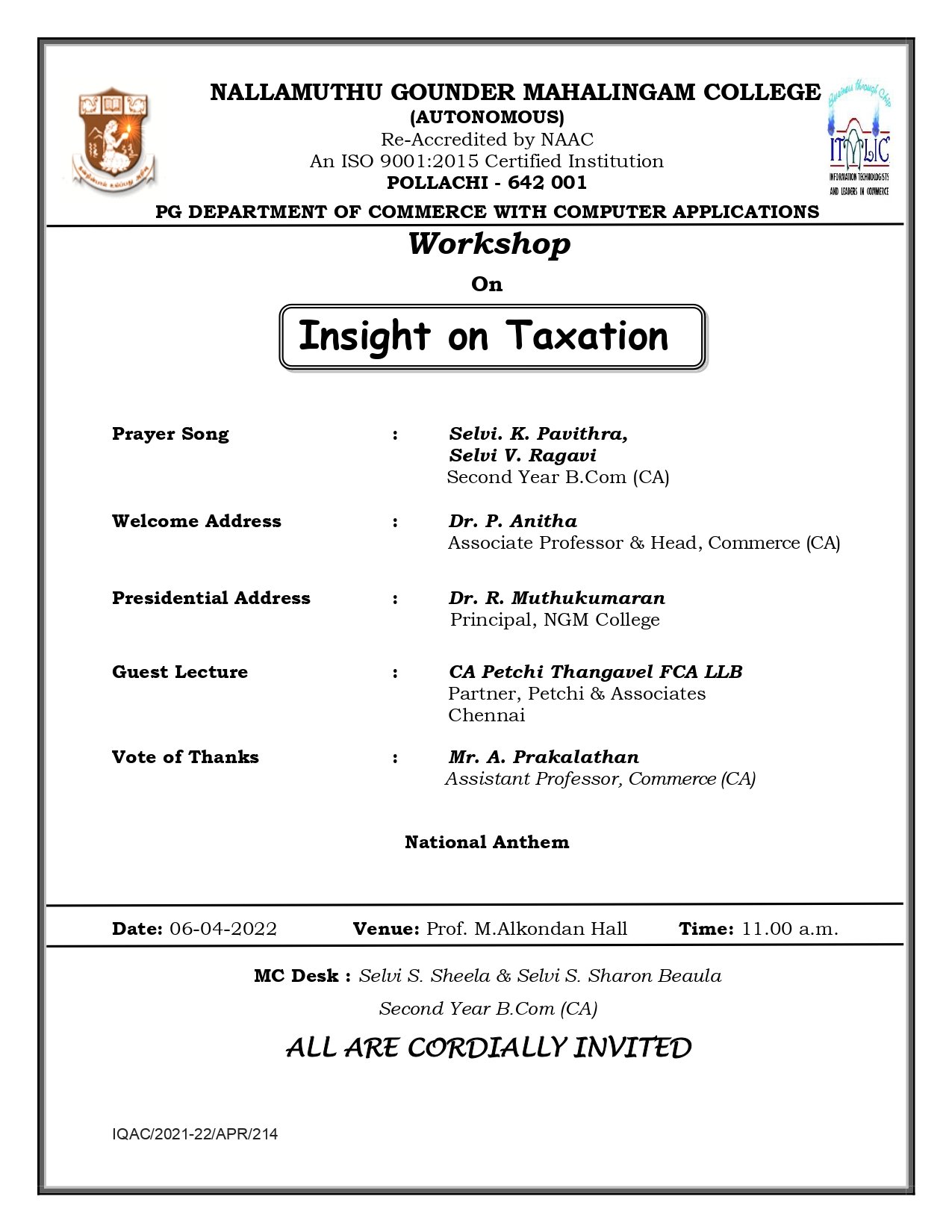 Workshop On Insight on Taxation 2022