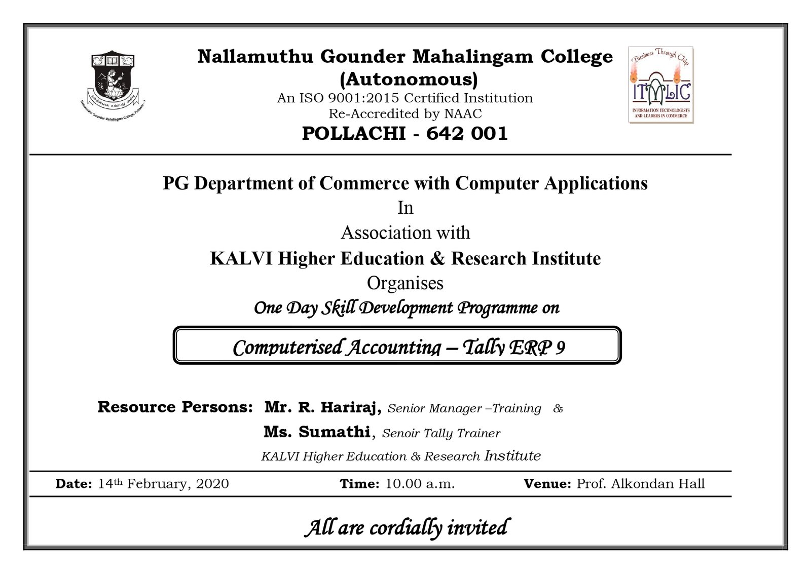 Skill Development Programme on Computerized Accounting- Tally ERP 9 2020