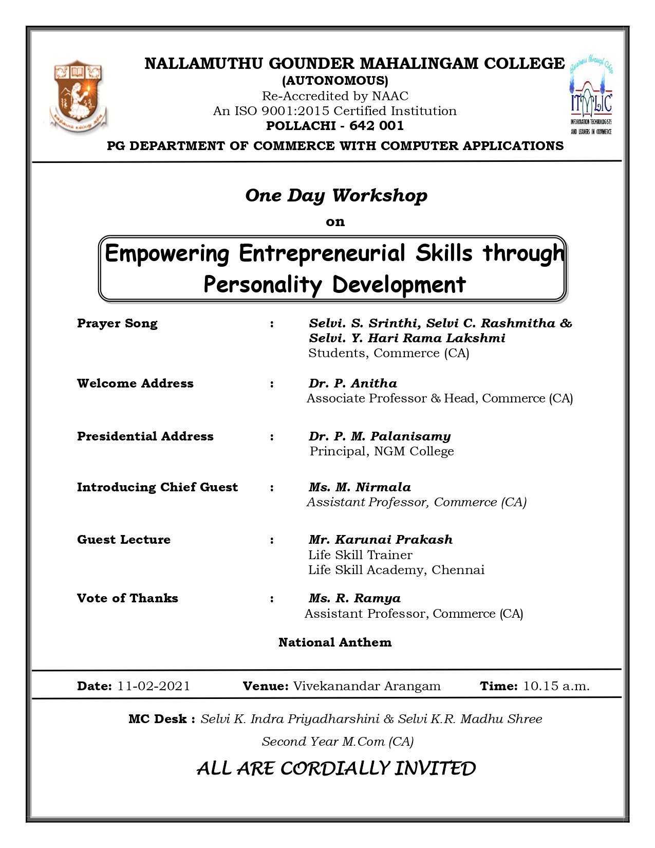 One Day Workshop on Empowering Entrepreneurial Skills through Personality Development 2021