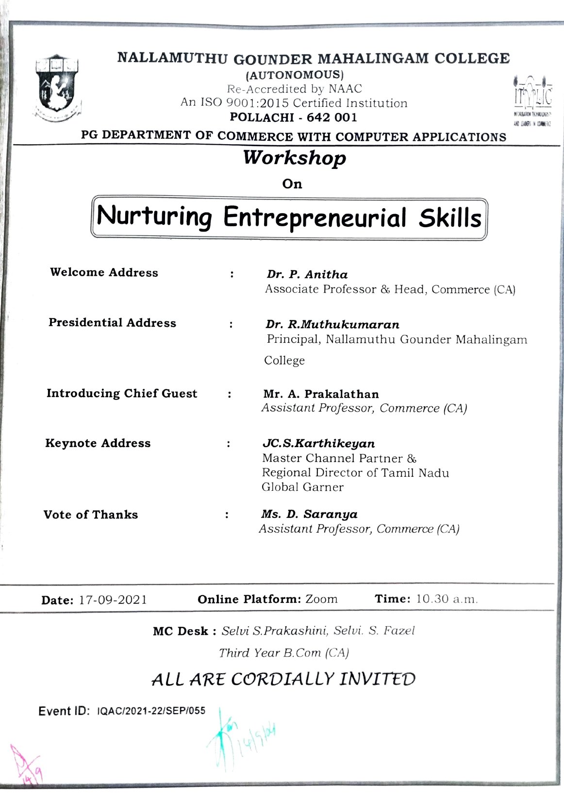 Workshop on Nurturing Entrepreneurial Skills 2021