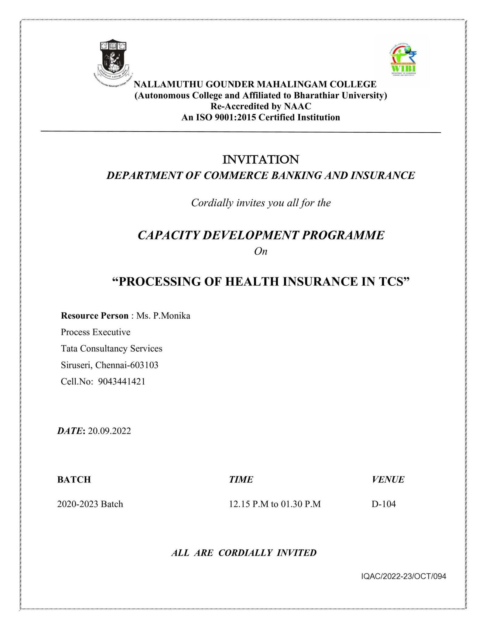 CAPACITY DEVELOPMENT PROGRAMME On  “PROCESSING OF HEALTH INSURANCE IN TCS”