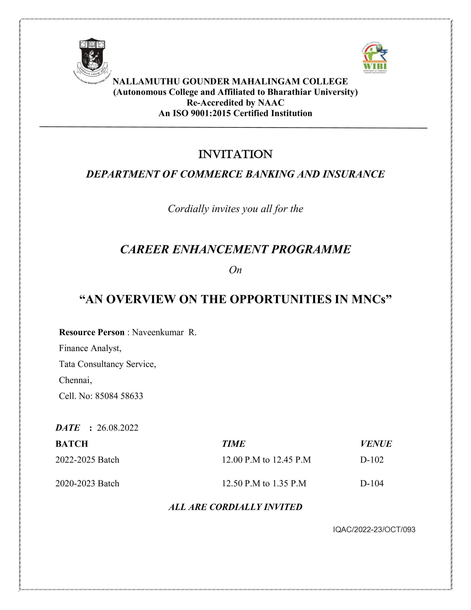 CAREER ENHANCEMENT PROGRAMME  On   “AN OVERVIEW ON THE OPPORTUNITIES IN MNCs”