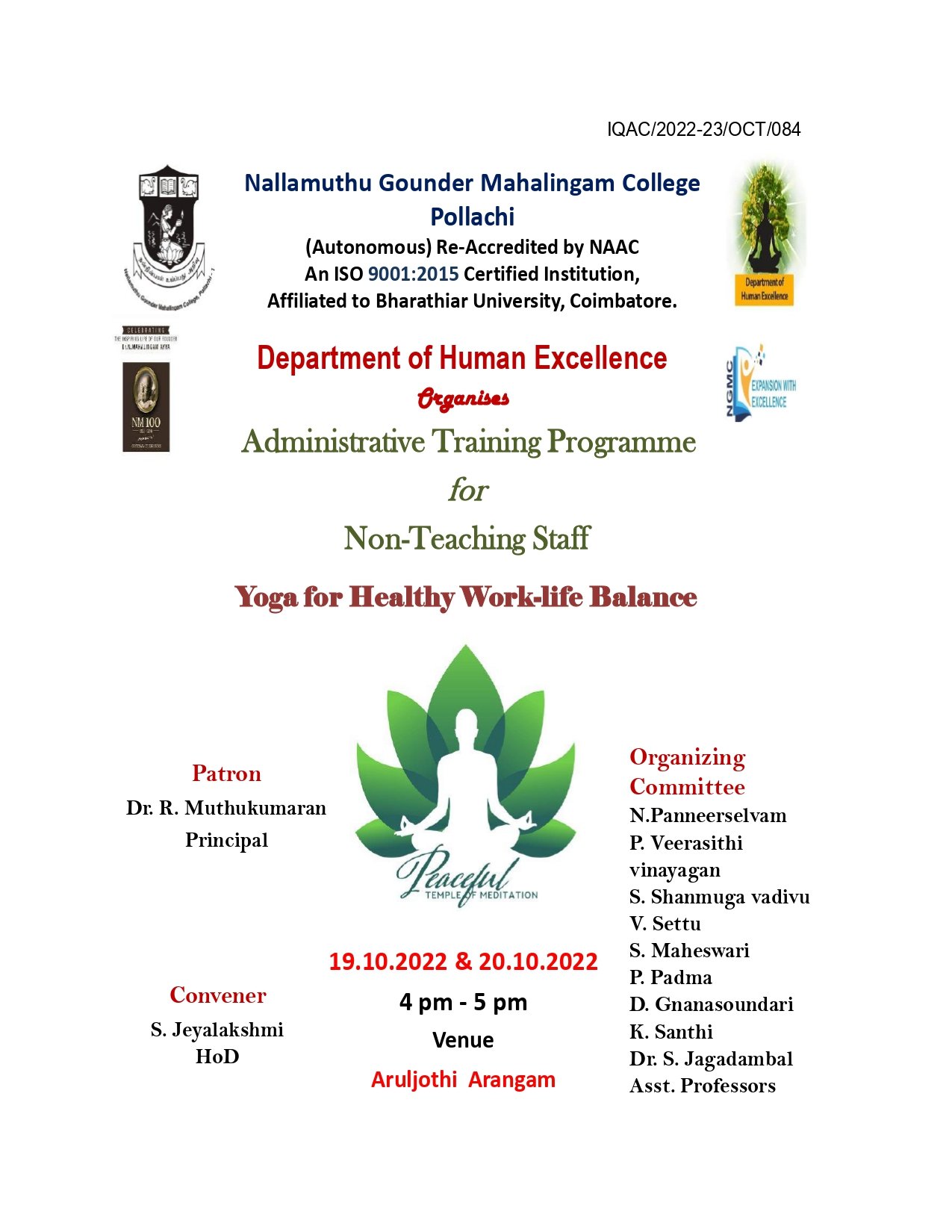 Administrative Training Program for Non-Teaching Staff on Yoga for Healthy Work Life Balance