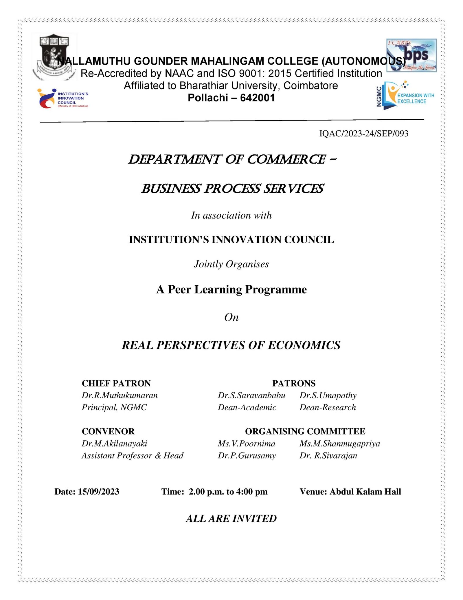 A Peer Learning Programme  On  “REAL PERSPECTIVES OF ECONOMICS”