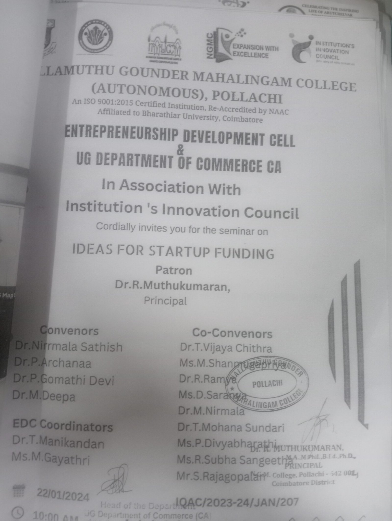 Seminar on Ideas for Startup  Funding