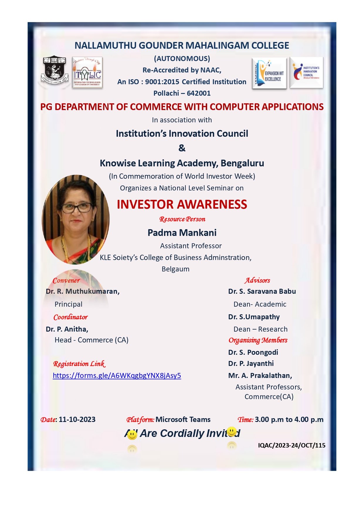 PG Department of Commerce with Computer Applications- National Level Seminar on “Investor Awareness”