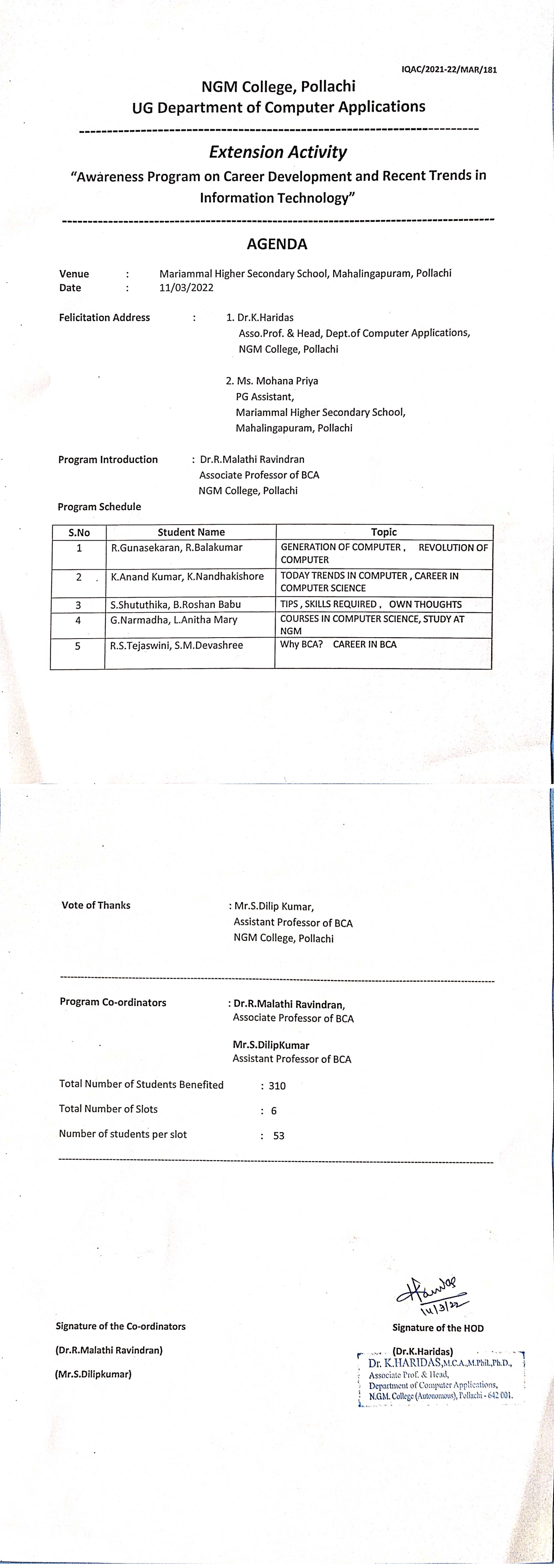 Career Development and Recent Trends in Information Technology” Mariammal Girls Higher secondary School, Pollachi    