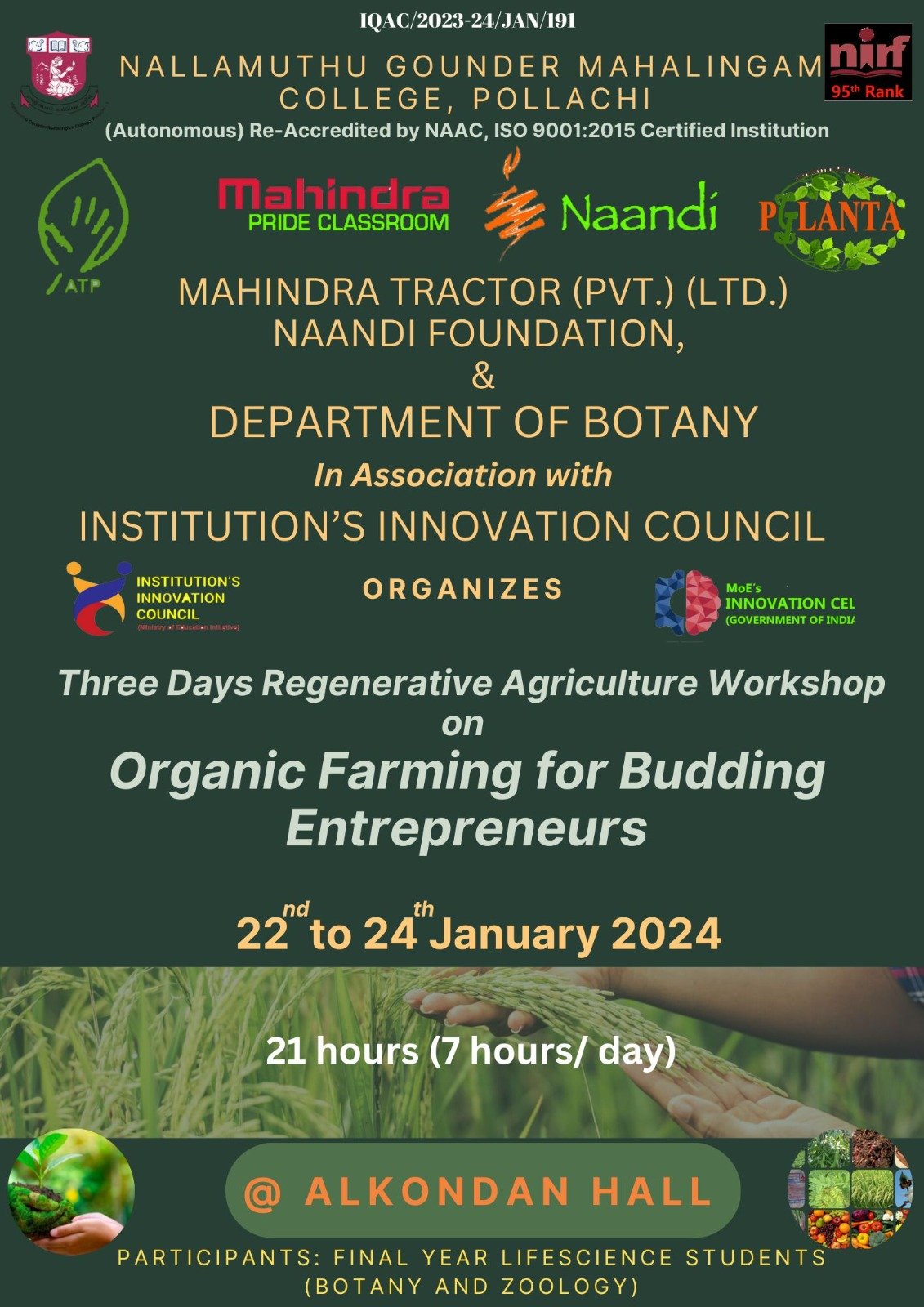 Three days Regenerative Agriculture Workshop on Organic Farming for Budding Entrepreneurs