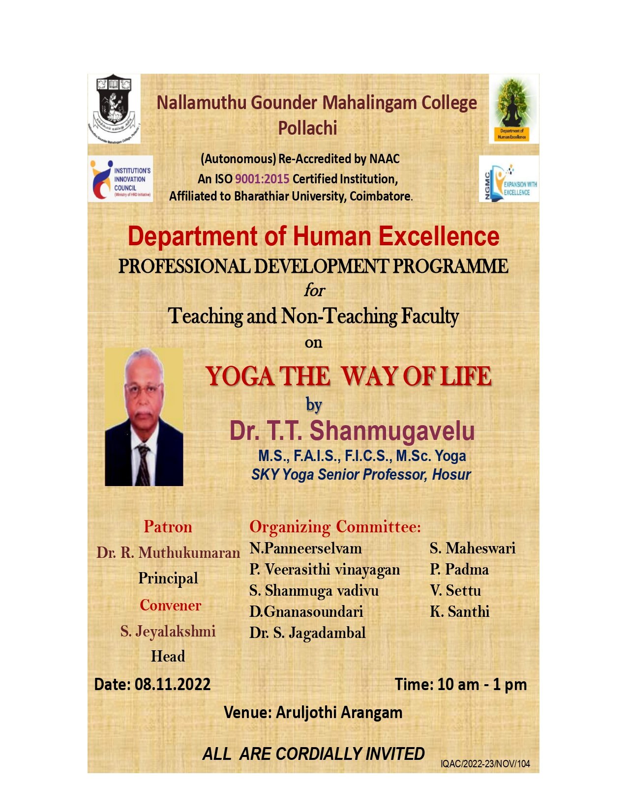 Professional Training Programme for Teaching and Non-Teaching Faculty on “Yoga the Way of Life”