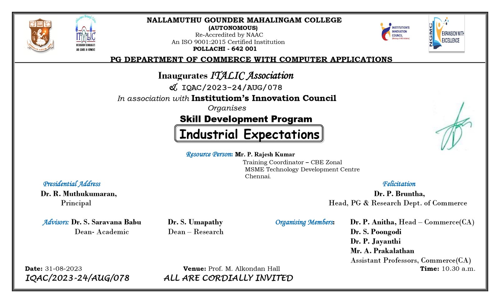 PG Department of Commerce with Computer Applications-Skill Development Program on “Industrial Expectations”