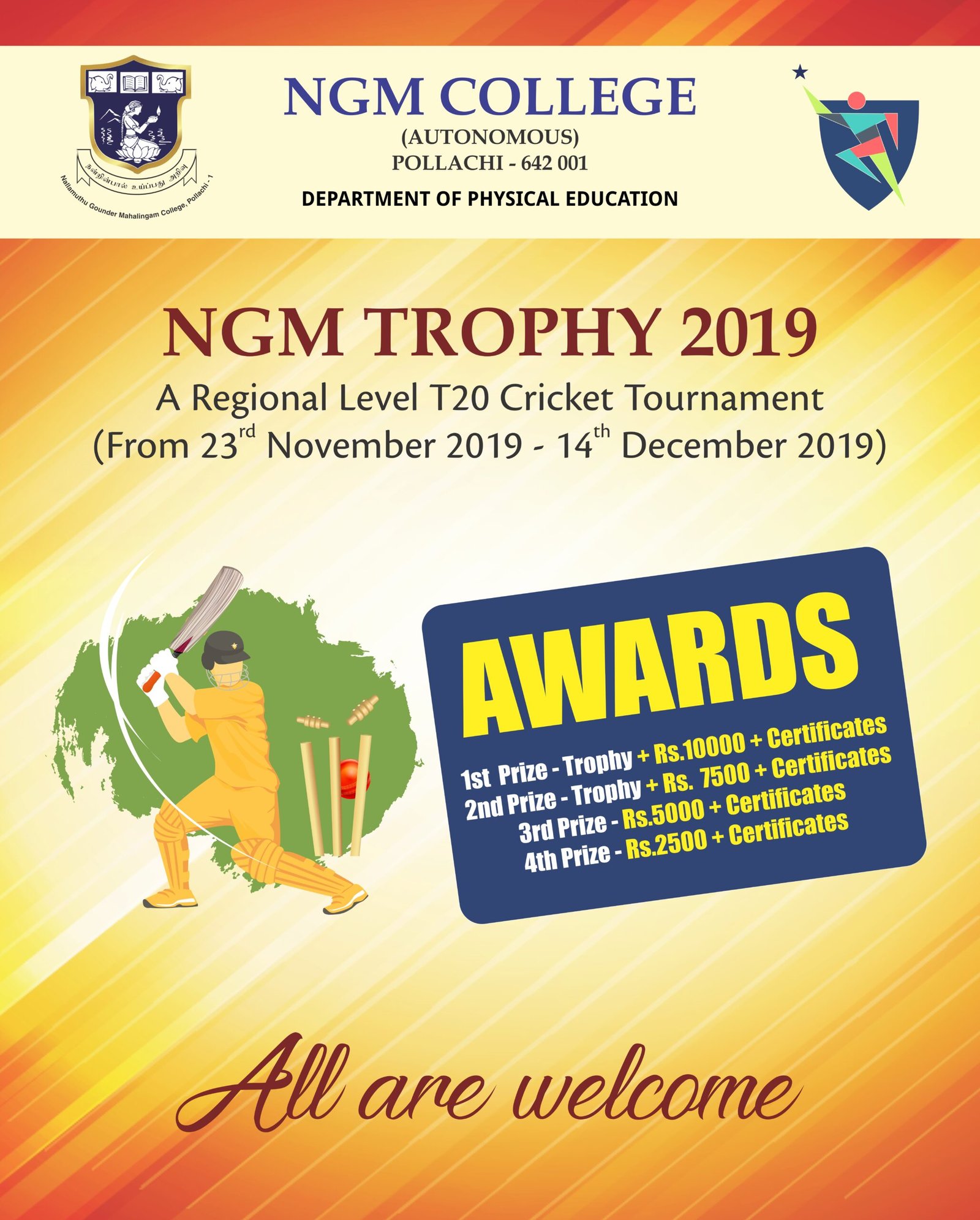 Department of Physical Education-NGM Sports Academy- A Regional Level T20 Cricket Tournament