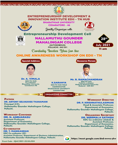 Department of Economics & EDC- ONLINE AWARENESS WORKSHOP ON EDII – TN