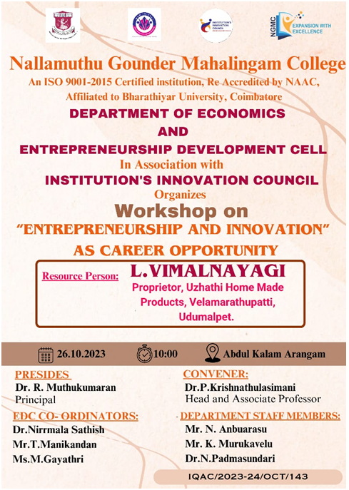 Department of Economics & EDC- Workshop on “Entrepreneurship and Innovation as career Opportunity”