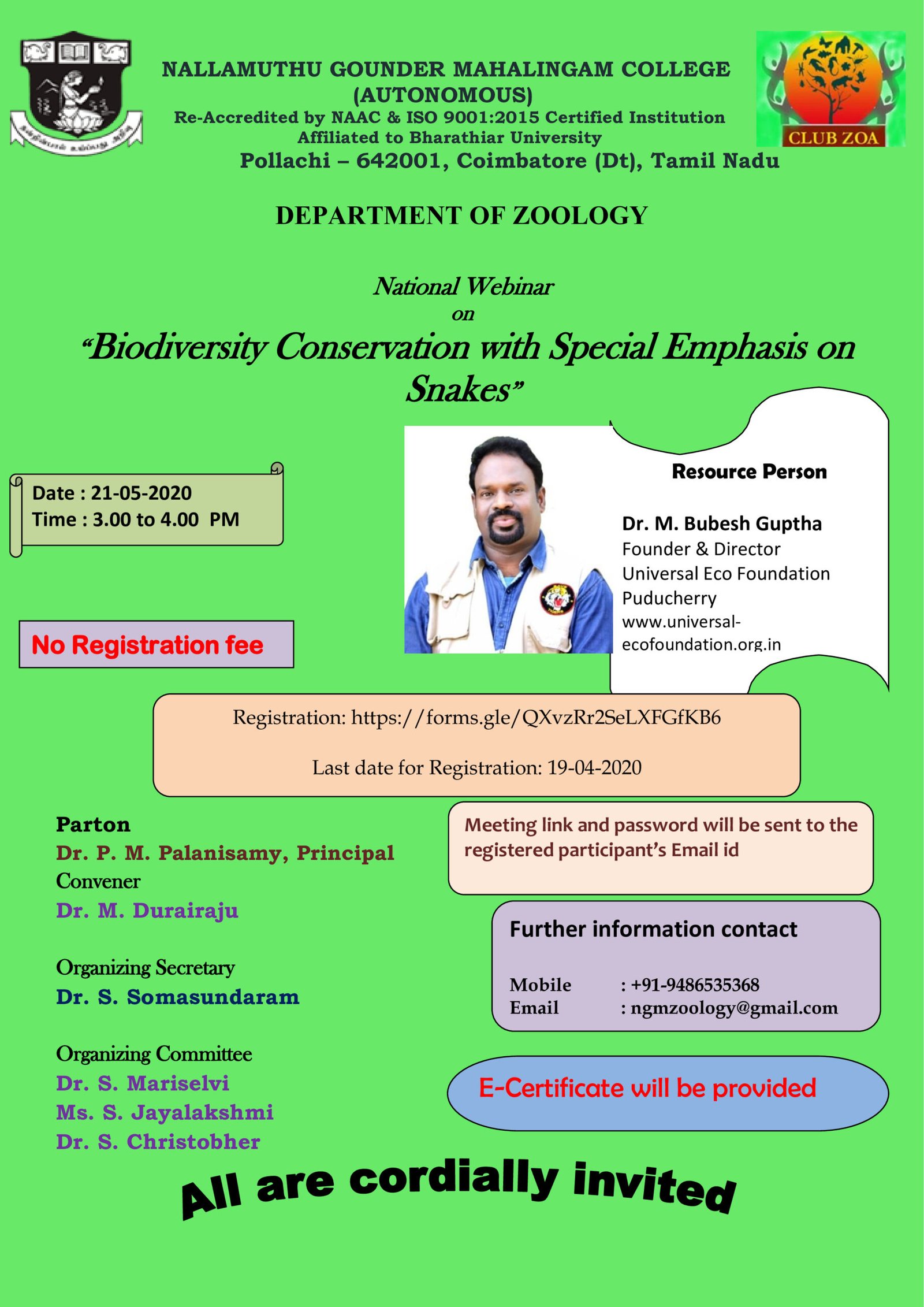 National Webinar on “Biodiversity Conservation  With Special Emphasis on Snakes”