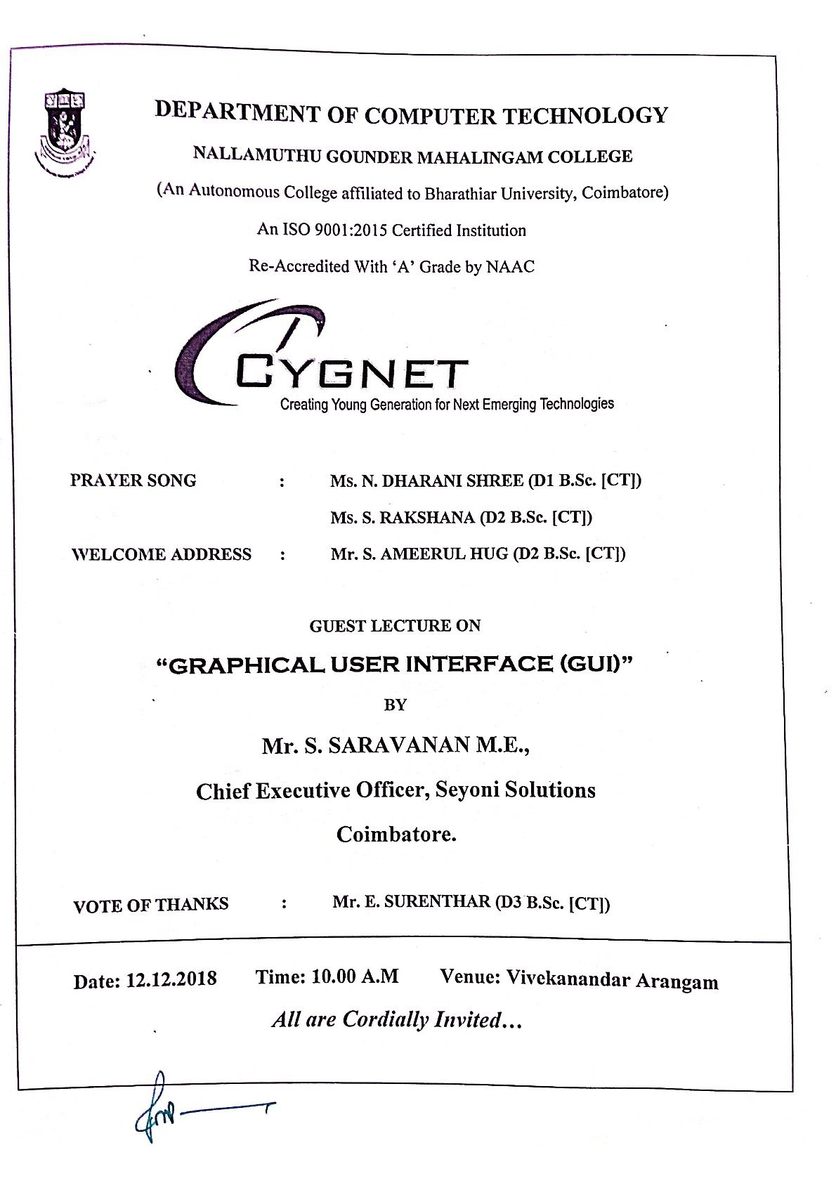 B.Sc., CT – Seminar on GUI – Dec 2018