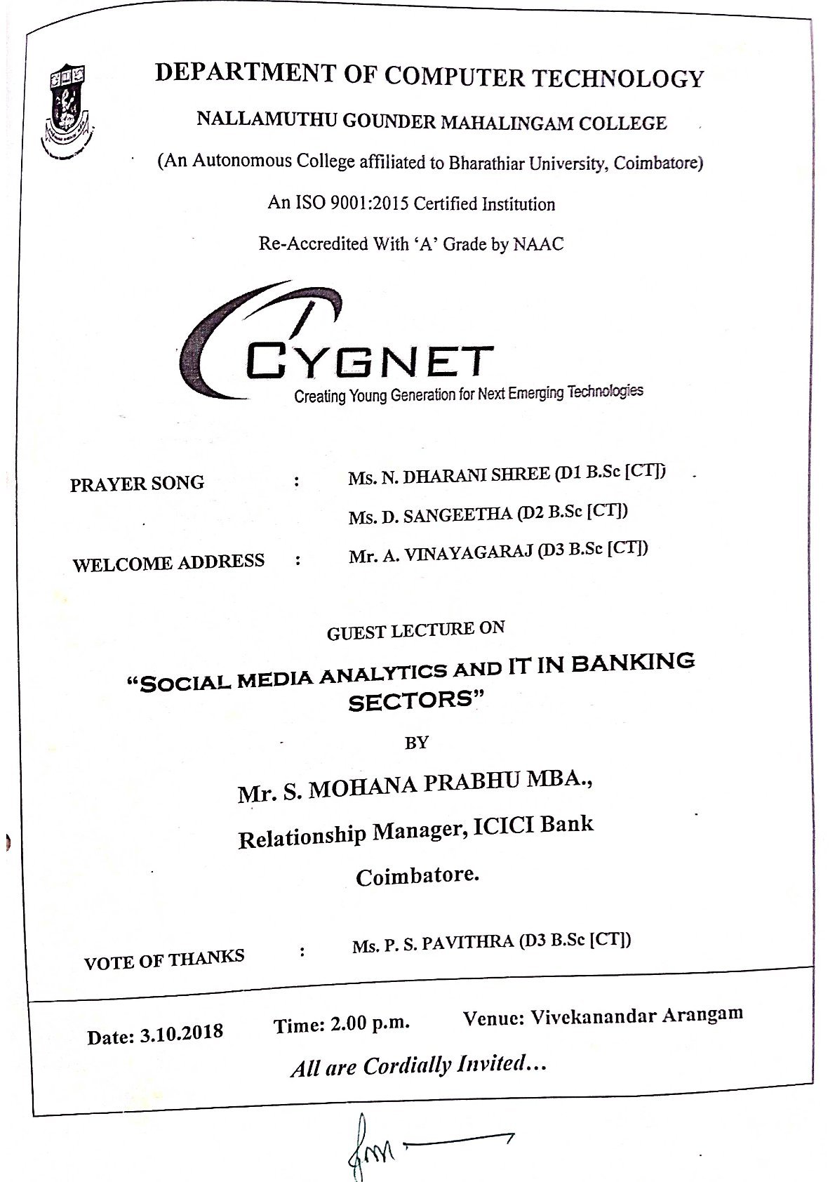 B.Sc., CT – Seminar on Social Media Analytics and It in Banking Sectors – Oct 2018