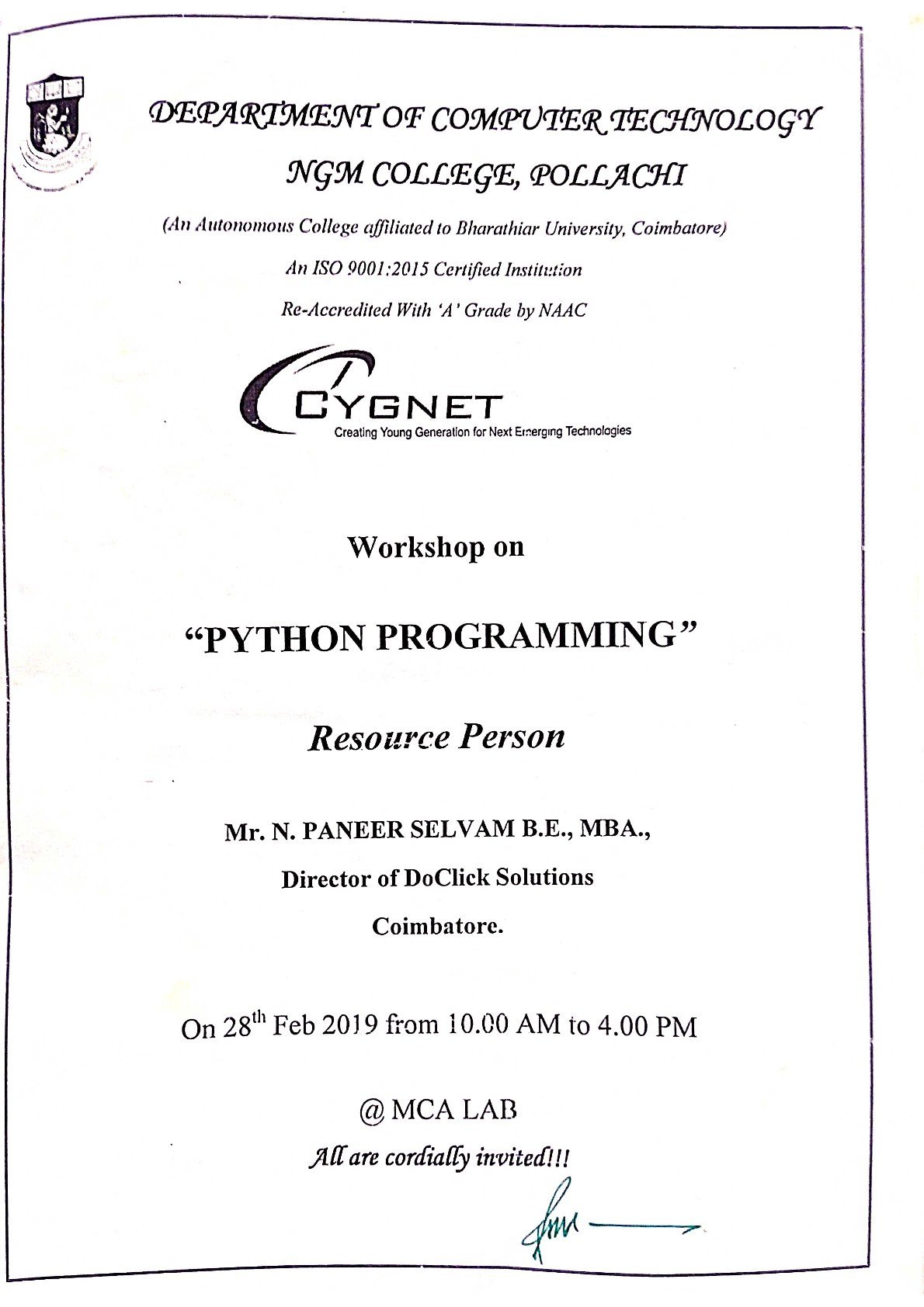 B.Sc., CT – Workshop on Python Programming – Feb 2019