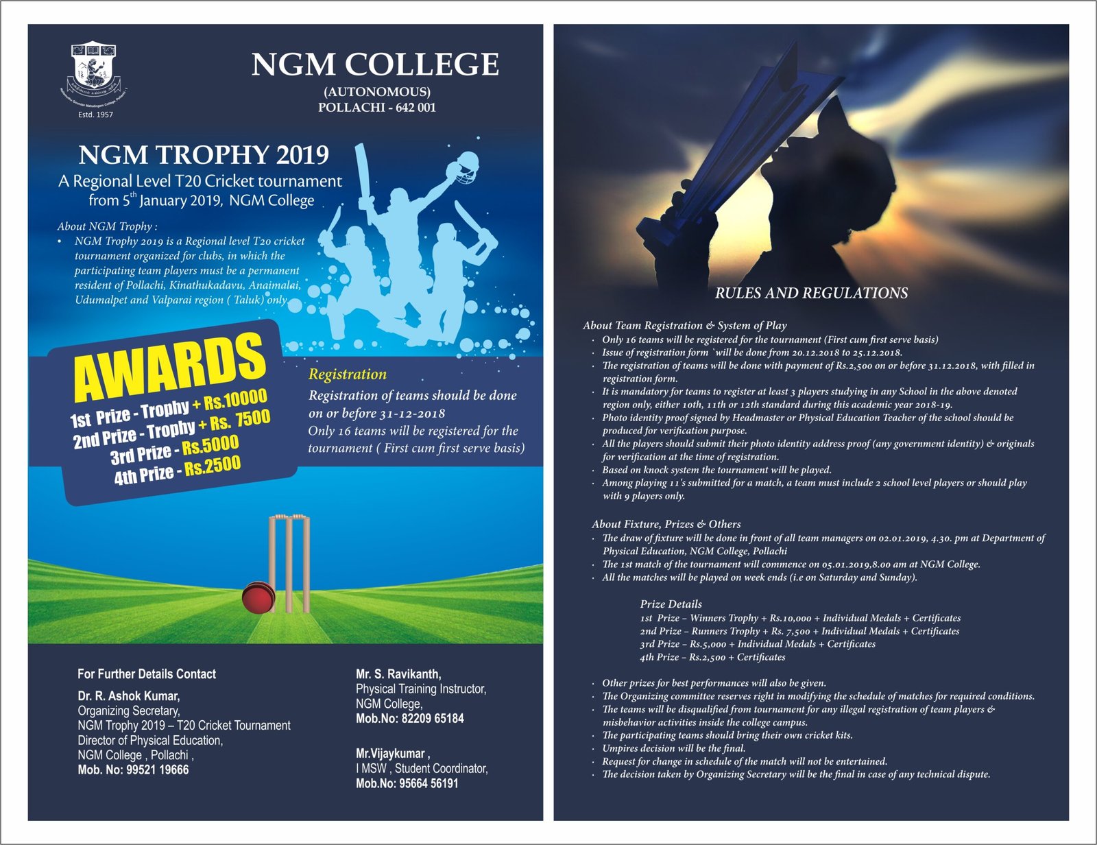 Department of Physical Education-NGM Sports Academy-A Regional Level T20 Cricket Tournament