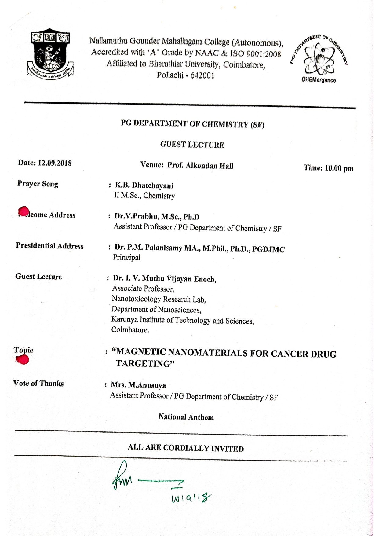 Guest Lecture on “MAGNETIC NANOMATERIALS FOR CANCER DRUG TARGETING”