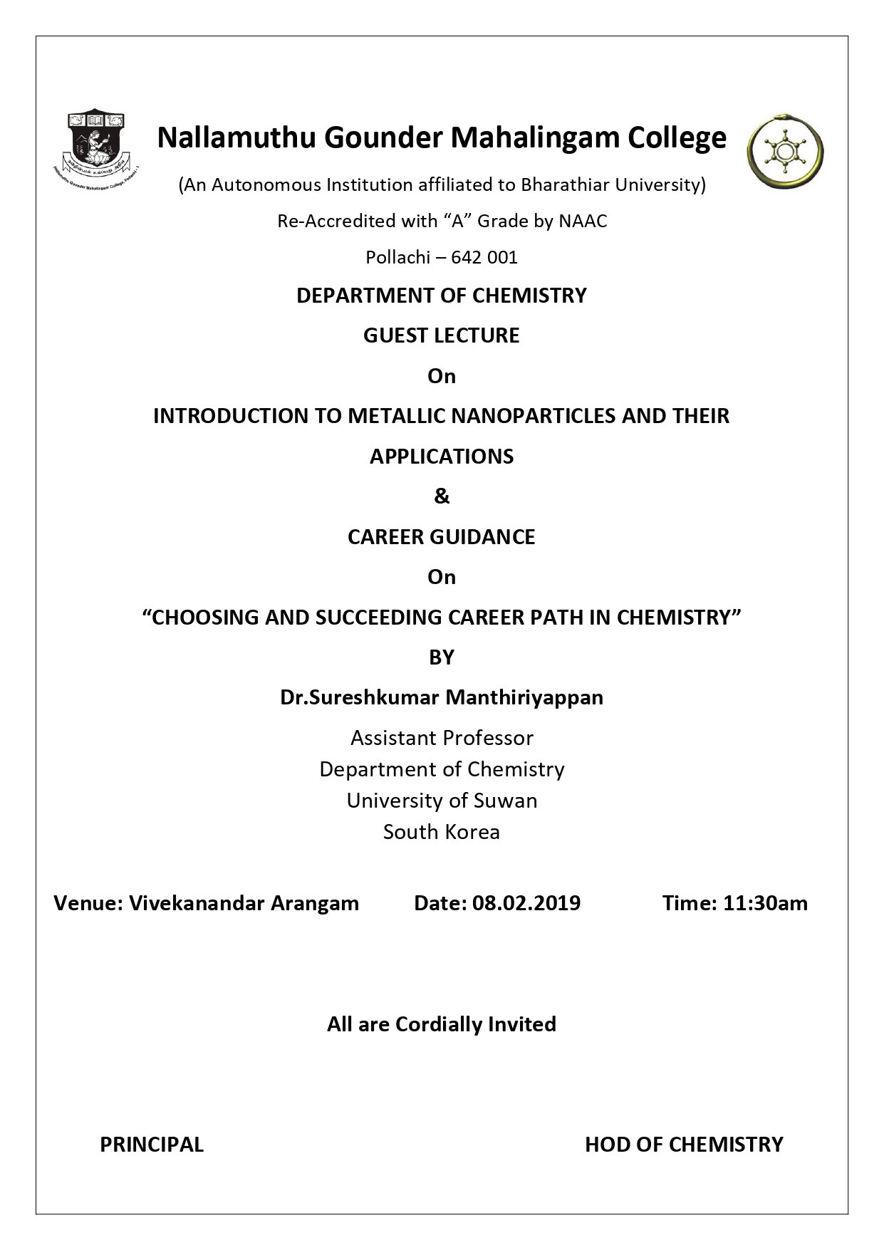 INTRODUCTION TO METALLIC NANOPARTICLES AND THEIR APPLICATIONS & CAREER GUIDANCE On “CHOOSING AND SUCCEEDING CAREER PATH IN CHEMISTRY”