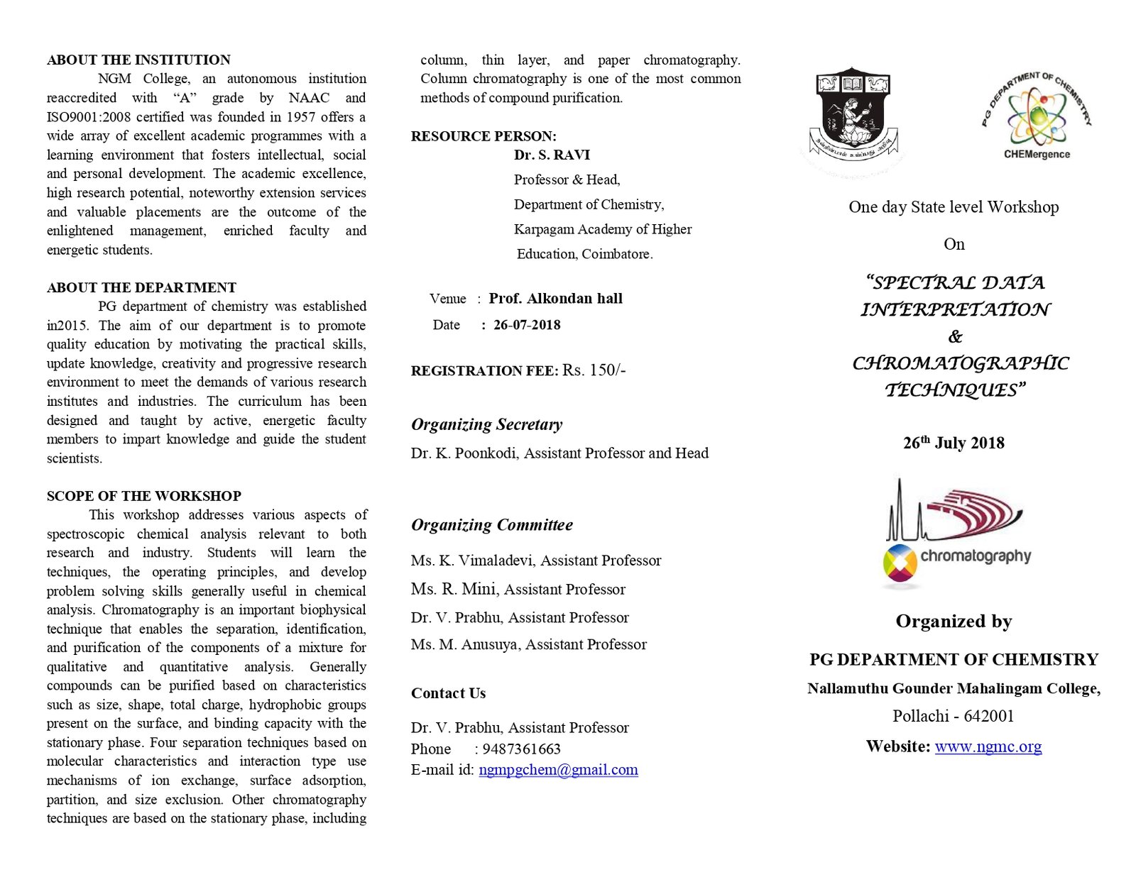 One day State level Workshop on “SPECTRAL DATA INTERPRETATION & CHROMATOGRAPHIC TECHNIQUES”