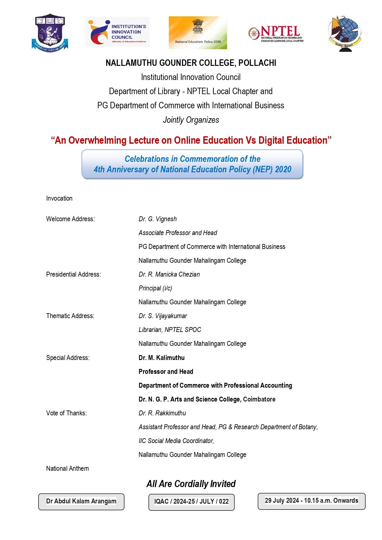 “An Overwhelming Lecture on Online Education Vs Digital Education” – Celebrations in Commemoration of the 4th Anniversary of National Education Policy (NEP) 2020