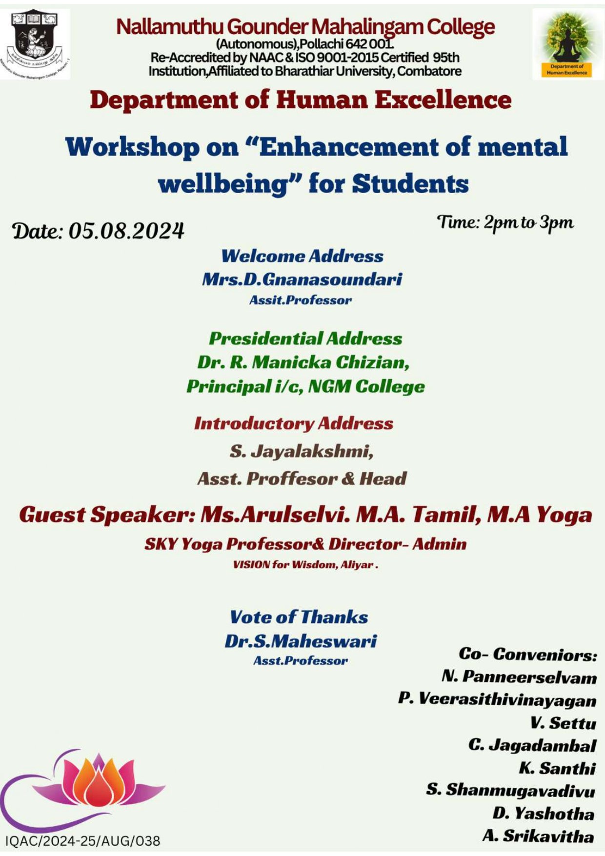 Workshop with the theme “Enhancement of Mental Well being.” for Students